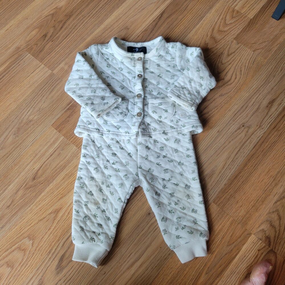 7 For All Mankind Baby Quilted Floral Jacket & Pants Set Cream Cottagecore 6/9M